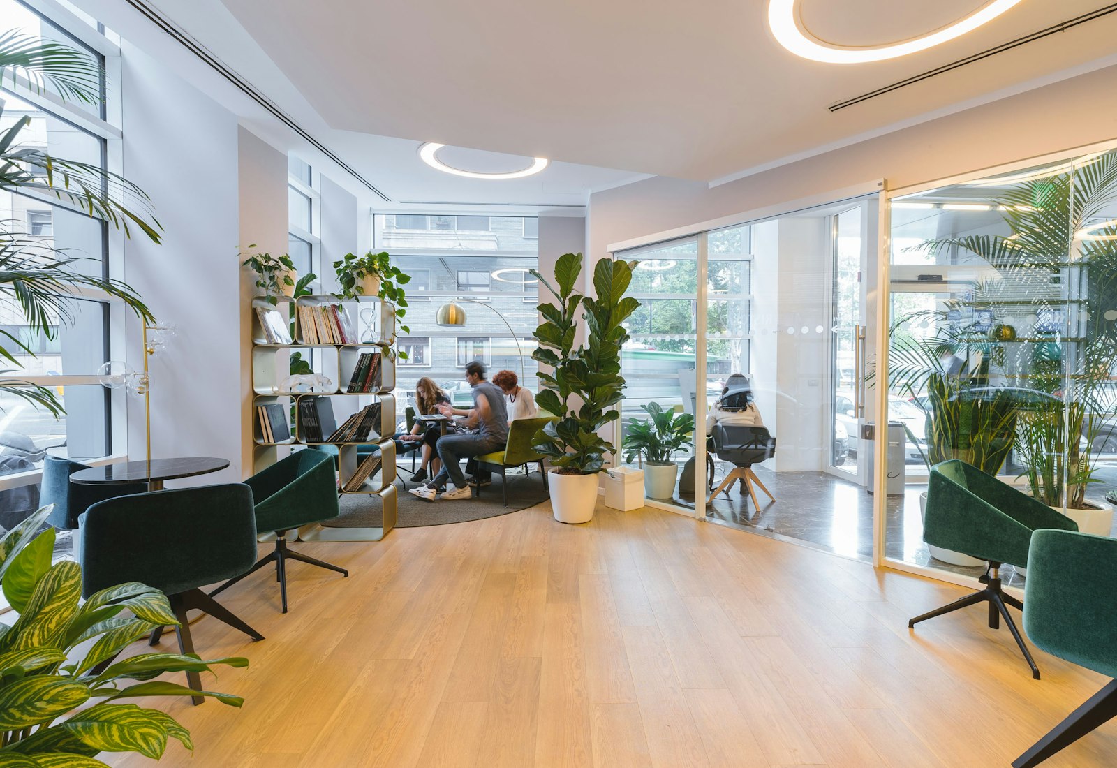 Bright, modern workplace with people collaborating